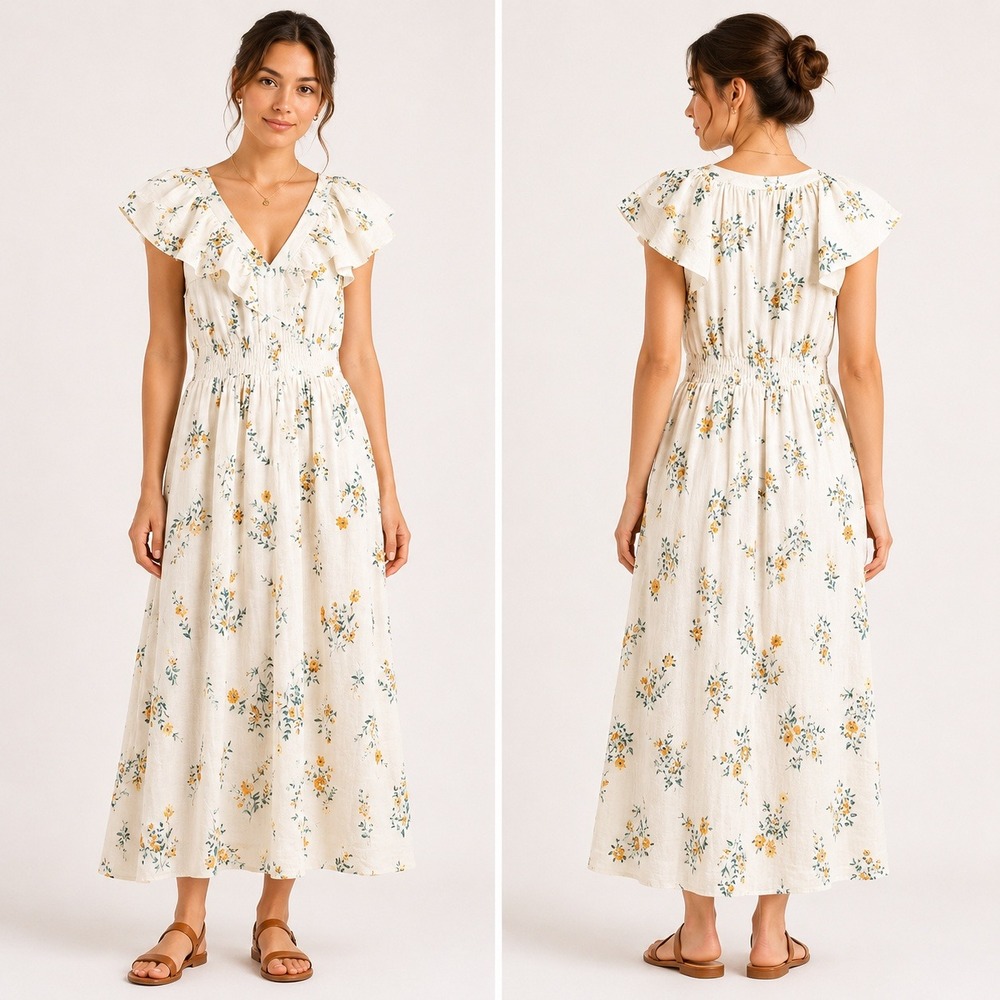 LC Lauren Conrad Floral Ruffle Maxi Dress Cream Yellow V-Neck Flutter Sleeve S